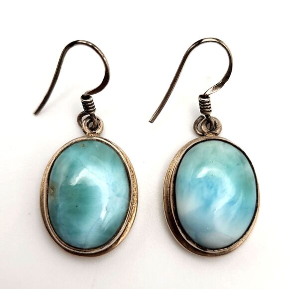 Natural Larimar Ovals in 925 Sterling Silver Dangle Drop Earrings - Picture 1 of 4